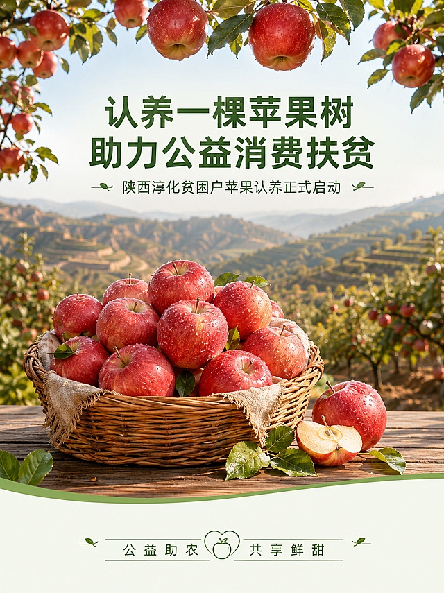 [第1屏] 详情页头图主视觉，陕西咸阳淳化马兰红苹果树认养公益活动宣传。
[氛围/风格] 自然清新公益助农风，写实生鲜商业摄影，暖调阳光氛围感，高清质感。
[元素布局] 画面上半部分大片红苹果树挂满成熟红苹果，远山层叠的黄土高原地貌，前景木桌上摆放整篮新鲜马兰红苹果，带水珠，苹果红润饱满。下半部分预留文字区域，整体元素不拥挤，文字清晰不遮挡主体。
[光影质感] 清晨自然光从侧上方照射，苹果表面光影层次分明，保留水珠高光，整体通透温暖。
[配色色系] 全局底色#F5F9F0，主色高原绿色+苹果红色，辅助色木色暖色，整体自然清新。
[视角构图] 平视视角，前景苹果篮+中景苹果园+远景高原山脉，三层空间景深，视觉重心稳定，阅读从上到下自然流畅。
[文字版式] 顶部主标题 "认养一棵苹果树 助力公益消费扶贫"，居中显示，字体使用OPPO Sans免费商用字体，字号最大醒目；副标题 "陕西淳化贫困户苹果认养正式启动"，在主标题下方居中，字体稍小；底部点缀信息 "公益助农 共享鲜甜"；所有文字清晰可读，不遮挡苹果主体。
[比例分辨率] 宽度790px，宽高比3:4竖版，分辨率4K，高清画质，文字清晰可辨。
[负向提示词] 文字错乱，字体不对，苹果变形，颜色偏差，水印，背景杂乱，文字过小，绝对化极限词。