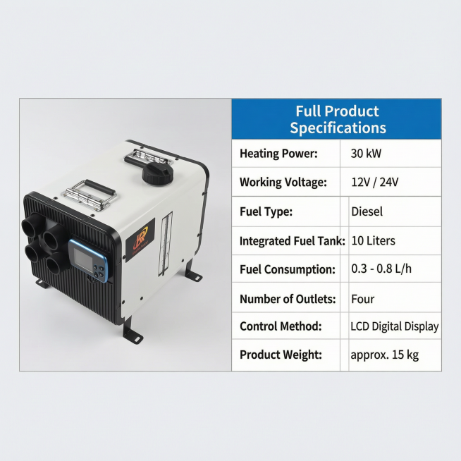 [第7屏] 本屏功能定义：30kw Parking Water Heater - full specification parameter table page.
[氛围/风格] clean list预览效果