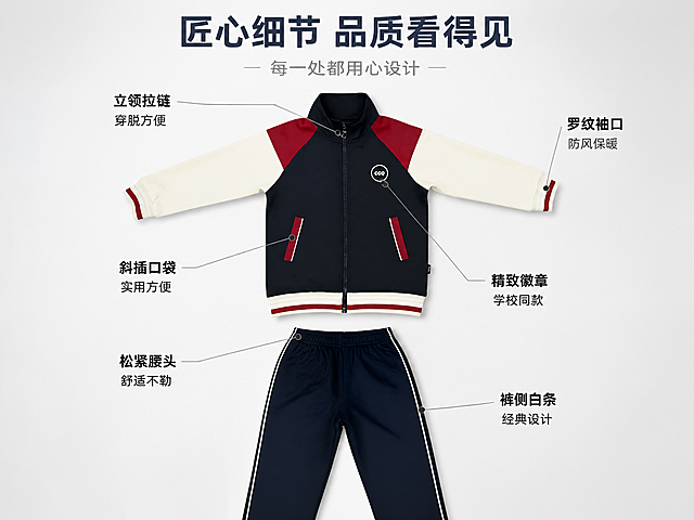 [第6张] 产品细节展示页 - 秋季长袖套装细节引线标注。本张使用【图2】上衣和【图3】裤子作为产品主体。
[氛围/风格] 精致细节风，干净背景，商业摄影质感，突出工艺品质。
[元素布局] 画面上半部分为上衣正面平铺展示，下半部分为裤子平铺展示，藏青拼色套装，颜色结构与输入图完全一致；多处细节引线标注：立领拉链、罗纹袖口、斜插口袋、裤侧白边、松紧腰头、徽章logo；每个引线指向对应细节部位；背景为浅灰色渐变。
[光影质感] 顶部均匀柔光，产品平整无褶皱，细节部位有轻微高光突出质感。
[配色色系] 全局底色浅灰#F5F6F8；主色藏青#1A2B4A，辅助色酒红#8B2635、白色，引线和标注用深灰色。
[视角构图] 正面俯视，上下布局，上衣在上裤子在下，引线从四周向产品延伸，阅读动线整体→细节标注。
[文字版式] 顶部主标题「匠心细节 品质看得见」，副标题「每一处都用心设计」；6个细节引线标注：「立领拉链 穿脱方便」「罗纹袖口 防风保暖」「斜插口袋 实用方便」「裤侧白条 经典设计」「松紧腰头 舒适不勒」「精致徽章 学校同款」；标注文字为黑体，配小圆点引线。
[比例分辨率] 9:16 竖版比例，4K 分辨率，文字清晰可辨。
[负向提示词] 产品变形，颜色偏差，结构错误，水印，文字错乱，细节模糊。