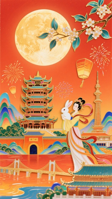 画面以橙红色渐变色为主色调，营造出喜庆热烈的氛围。
画面上方一轮超大明月，月亮占画面三分之一，有桂花枝探出来。
下方呈现出黄鹤楼、起义门、长江大桥等具有代表性的武汉地标建筑，展现了武汉的历史文化与壮美预览效果