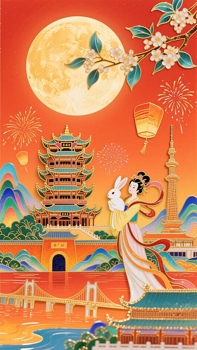 中式插画风手法，鎏金线条勾勒古典建筑与嫦娥玉兔，有花枝、明月点缀，喜庆红橙背景配烟花灯笼，营造梦幻民族节日氛围。