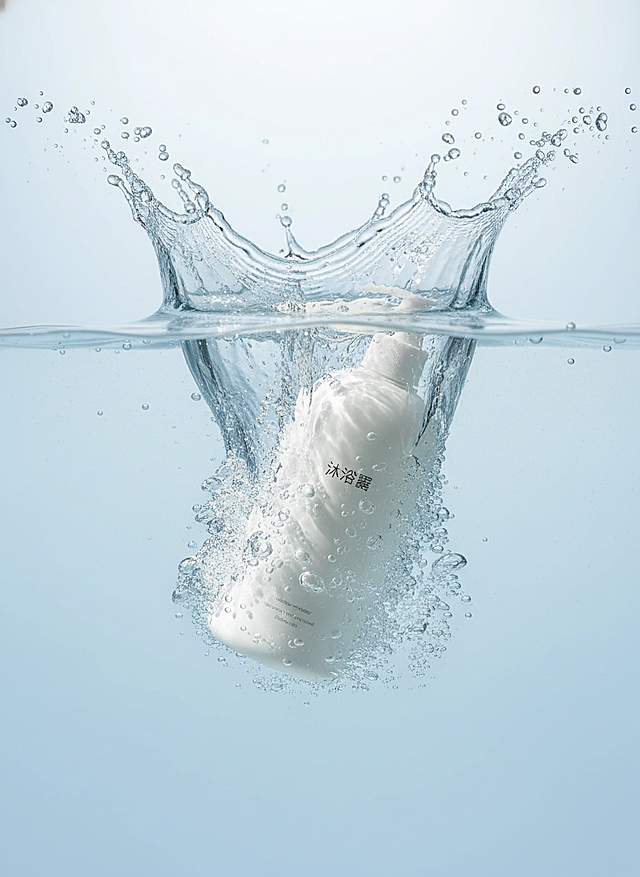 主体坠入淡蓝色背景的水中，激起大量水花与气泡，整体呈现出灵动、富有活力的质感，采用写实的产品摄影风格。