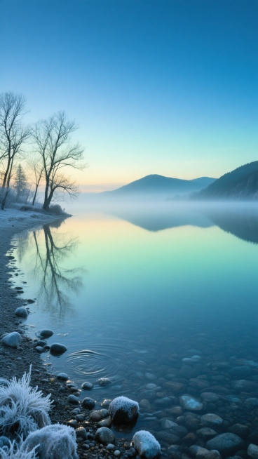 晨曦微露时分的宁静湖泊，湖面如镜倒映着天边渐变的靛蓝与青绿色霞光，岸边覆盖着晶莹的薄霜，几棵光秃秃的树木枝干优雅地伸向天空，远处薄雾缭绕的山峦轮廓朦胧，湖滩上泛着微光的鹅卵石被轻柔的水波冲刷，整体呈现出清冷幽静的氛围，超高分辨率的自然风光摄影，柔和的侧逆光，细腻的光影过渡，深邃的色彩层次，平静而富有诗意的画面，极简的构图，强调水天一色的和谐与自然的静谧之美。预览效果