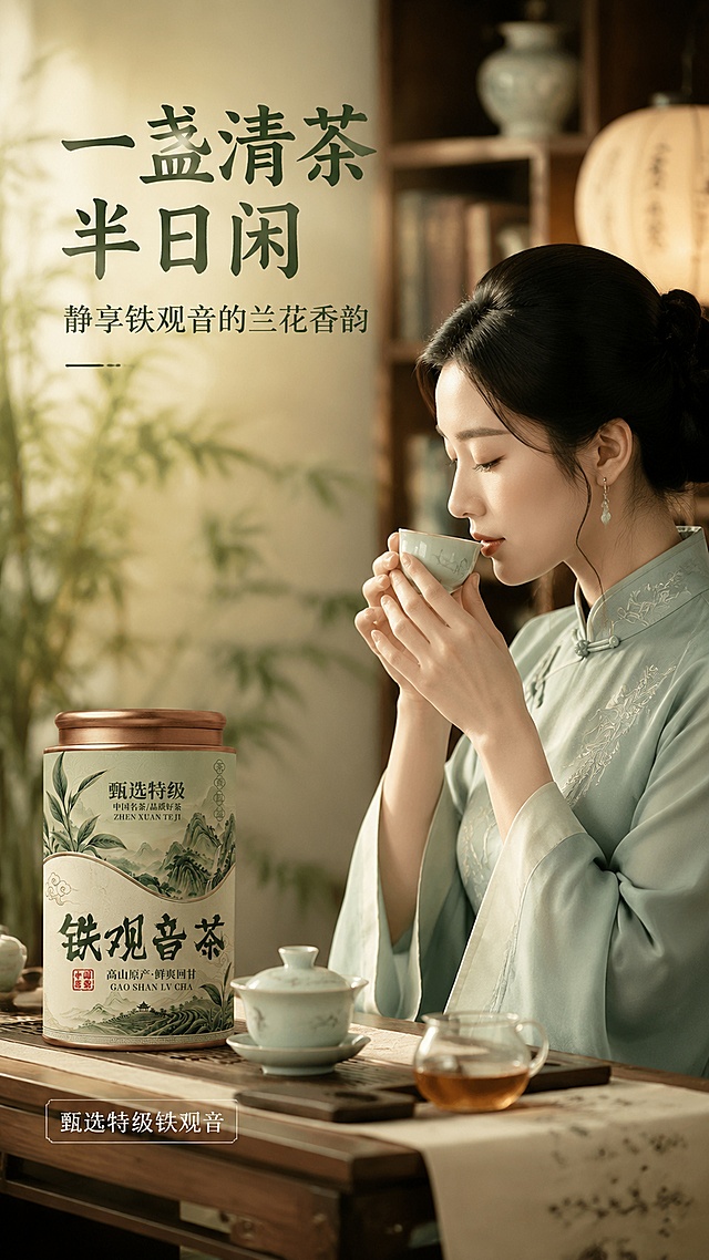[第5屏] 模特品茗展示-中式茶服女性品茶生活方式场景。本屏使用【图2】中的茶罐作为产品参考，与模特同框。
[氛围/风格] 东方雅致生活方式，禅意静谧，中式美学，商业人像摄影质感。
[元素布局] 画面右侧一位身着浅青色中式茶服的亚洲女性，侧脸肩部以上入镜，双手端着品茗杯正在品茶，神情悠然；左侧茶席上摆放着铁观音茶罐、盖碗、公道杯，茶罐清晰可见；背景为虚化的中式书房或茶室，有书架、绿植、宣纸灯笼；茶罐结构、颜色、图案与输入产品图一致。
[光影质感] 左侧柔和自然光，人物面部光影柔和，茶罐金属质感清晰，整体暖调静谧，有氛围感。
[配色色系] 全局底色 #E8E0D0（米灰褐）；主色青绿色 #5A8C7A；辅助色米白 #F5F0E1、木色 #8B7355。
[视角构图] 中景侧面视角，人物与茶席各占画面约一半，阅读动线右上人物 → 左下茶席产品 → 顶部标题。
[文字版式] 版式为顶部左侧标题 + 右侧人物 + 左下茶席产品。主标题「一盏清茶 半日闲」，温润宋体书法感，深墨绿色；副标题「静享铁观音的兰花香韵」；左下角茶罐旁标注「甄选特级铁观音」；文字不遮挡人物面部和茶罐主体。
[比例分辨率] 9:16 竖版比例，4K 分辨率，文字清晰可辨，高清画质。
[负向提示词] 变形，水印，文字错乱，文字过小，人物面部失真，茶罐变形，背景杂乱。