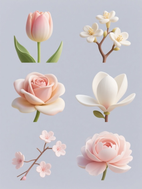 六个规整排布的素材，每张素材均为单一花朵造型图案，花朵分别为郁金香、桂花、玫瑰花、白玉兰、樱花、芍药，整体造型简约现代，采用纯色背景，花朵具有柔和的渐变色彩、光滑的花瓣质感、清晰的轮廓线条和自然的光影效果，呈现出精致、优雅、清新的视觉风格。预览效果