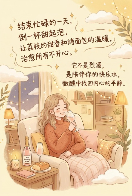 背景为暖黄色调，搭配柔软的云朵、星光插画，营造治愈氛围。主体是年轻女性独处小酌的场景，手捧酒杯，眼神放松，背景是温馨的家居环境。文字内容："结束忙碌的一天，倒一杯甜起泡，让荔枝的甜香和烤面包的温暖，治预览效果