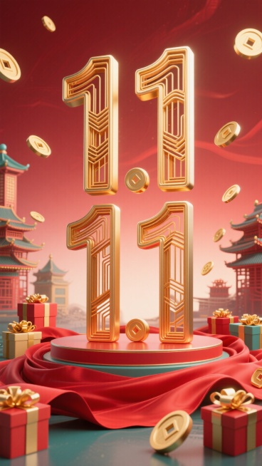 新中式风格与现代立体结合，居中对称构图，主体为立体线条结构数字“11.11”，采用金色钱币渲染，线条向上衍生质感，背景为红色纹理，从中心向四周渐变扩散，点缀为各种礼盒，红色绸缎从画面底部向上飘动，环绕预览效果
