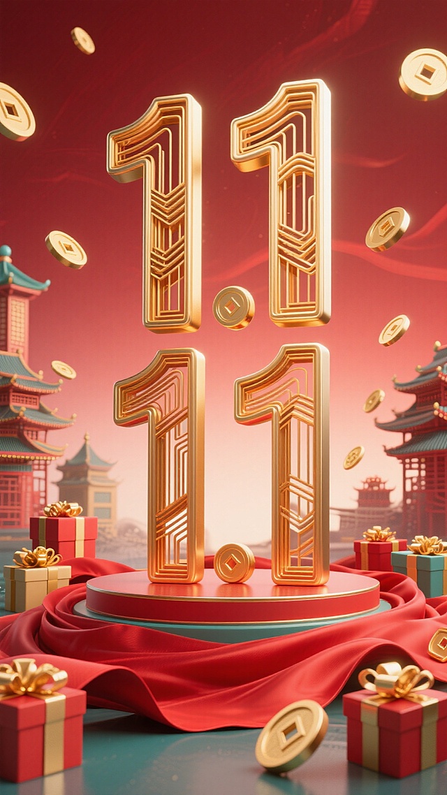 新中式风格与现代立体结合，居中对称构图，主体为立体线条结构数字“11.11”，采用金色钱币渲染，线条向上衍生质感，背景为红色纹理，从中心向四周渐变扩散，点缀为各种礼盒，红色绸缎从画面底部向上飘动，环绕数字流动
#双11电商大促
