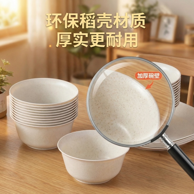 生成稻壳一次性碗第三张电商主图，展示产品材质细节，保持产品和原图一致，用放大镜效果放大展示稻壳碗边缘加厚纹理，浅色暖调背景，主标题“环保稻壳材质 厚实更耐用”放在画面顶部，引导线标注“加厚碗壁”位置，预览效果