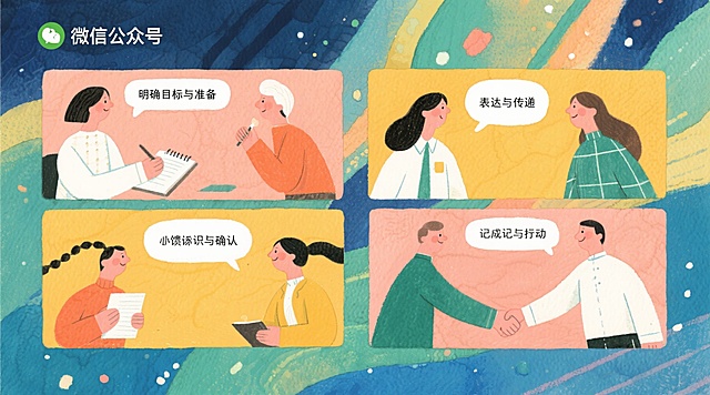 插画故事风微信公众号封面，暖色调，四格横向分镜，每格人物对话场景呈现沟通四步骤：明确目标与准备（人物整理笔记）、表达与传递（对话气泡传递信息）、倾听与反馈（点头复述确认）、达成共识与行动（握手记录行动项），手绘插画质感，柔和水彩风格，生动易理解，适合大众科普