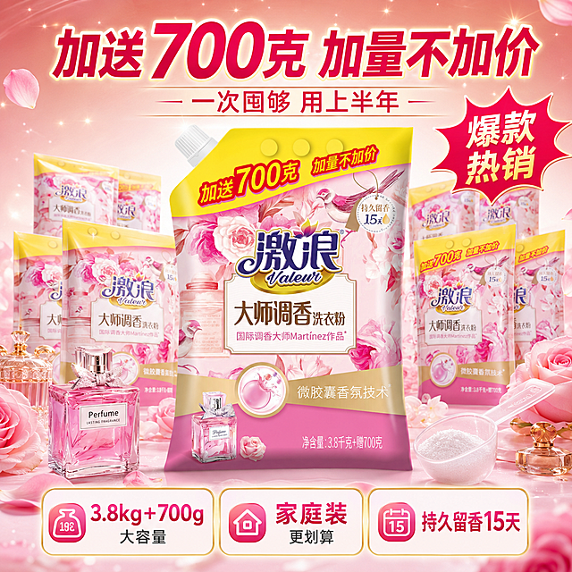 抖音电商主图第五张，囤货装规格决策转化图，加量不加价促销感。画面主体为激浪大师调香洗衣粉大袋装，居中放置，产品外观与输入图完全一致。周围环绕多包同款洗衣粉、量勺、玫瑰花瓣、香水瓶，营造量大实惠囤货感。背景为粉金渐变，点缀闪光粒子。顶部大标题：加送700克 加量不加价，副标题：一次囤够 用上半年。中部产品主体突出，底部信息卡横向排列：3.8kg+700g大容量 家庭装更划算 持久留香15天。右上角爆炸贴样式标：爆款热销。整体粉金促销风，量大实惠感强，推动下单决策。商品主体占比约60%，信息丰富但不杂乱。商业摄影质感，光线明亮。1:1比例，文字清晰。负向：变形，文字错乱，产品模糊，水印。