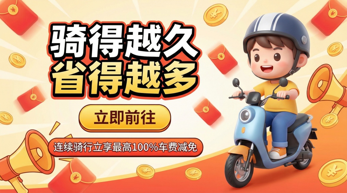 16:9比例的电动车营销宣传海报，主标题为“骑得越久 省得越多”，搭配行动号召“立即前往”按钮和“连续骑行立享最高100%车费减免”标语；画面右侧是戴头盔骑电动车的卡通Q版3D男孩，活泼可爱；背景融入预览效果