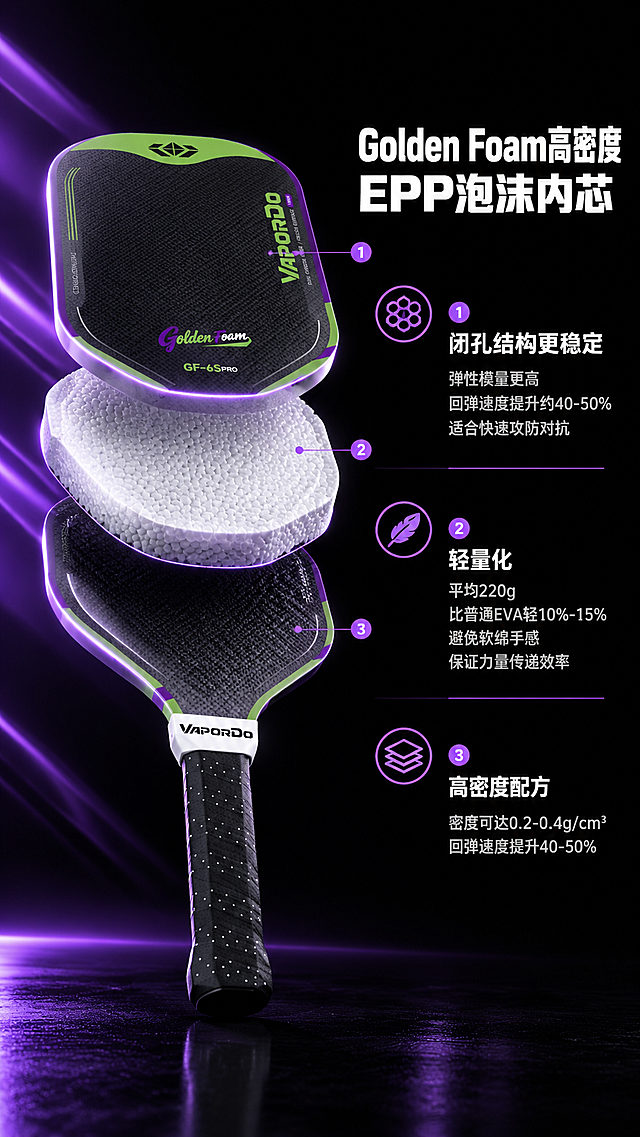 [商品] 使用【图1】紫绿配色GoldenFoam-6S Pro匹克球拍；保留全部商品原貌；本页做剖面爆炸效果展示内部结构，从外到内依次为：布纹磨砂碳纤维表层、EPP高弹复合泡沫内芯、另一侧碳纤维表层，各层分离悬浮展示，清晰呈现内部材质。
[画面] 第2张，6代EPP内芯卖点页，目标：深度展示Golden Foam高密度EPP泡沫内芯的功能优势。左右分栏构图，左侧约45%为球拍剖面爆炸图，右侧约55%为文字卖点区。球拍呈竖直放置，三层结构水平分离悬浮，每层有淡紫色光边勾勒。主体占画面50%，侧视角度。阅读动线：从左到右，先看结构再读卖点。前景：深色地面；中景：球拍剖面结构；背景：邃黑色+淡紫色射线从左侧射出。
[视觉] 套系策略：风格=干净高级电商产品视觉，3D超写实渲染，电影级布光；标题字=现代粗黑体，力量感强；正文字=简洁无衬线体；主色=邃黑色；背景延展=纯黑底色，叠加淡紫色硬朗射线光束、微弱体积光、地面反光；强调色=淡紫色，仅用于射线光效、结构层高光、图标、引线；标题色=纯白色；正文色=浅灰白色；组件=极简引线、数字编号图标、数据标签；光影=硬光侧逆光，主光从右侧打下，左侧补光，轮廓光勾勒各层边缘，焦外轻微景深，8K超清，材质细节丰富。
[文字] 右上主标题"Golden Foam高密度 EPP泡沫内芯"，白色粗体；下方三个卖点模块：1."闭孔结构更稳定 弹性模量更高 回弹速度提升约40-50% 适合快速攻防对抗"；2."轻量化 平均220g 比普通EVA轻10%-15% 避免软绵手感 保证力量传递效率"；3."高密度配方 密度可达0.2-0.4g/cm³ 回弹速度提升40-50%"。每个卖点前配淡紫色小图标。所有文字横向排版。
[规格] 图片比例9:16竖版，分辨率4K，quality=medium。避免变形、错字、文字过小、球拍结构失真、颜色改变、白底、浅灰底、冷蓝色调、人物出现。