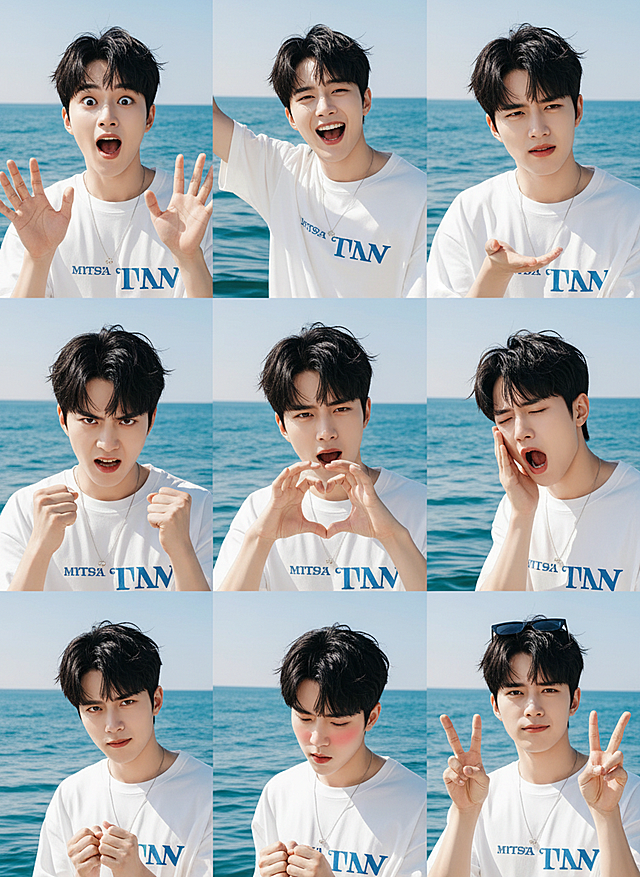 保持人物主体不变，创作一组写实风格表情包，包含表情不同、姿势不同的九宫格表情包，表情变化较大，姿势夸张