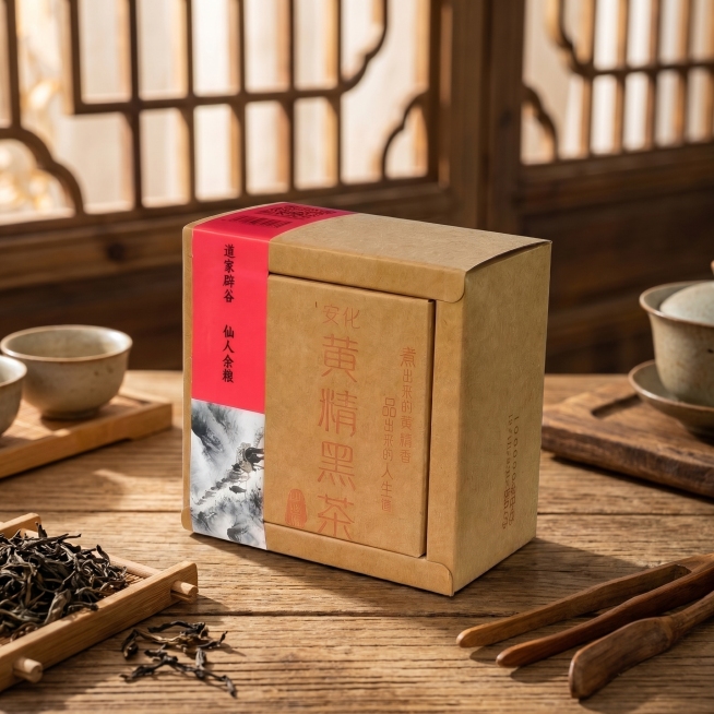 基于第二张参考图，生成1比1正方形电商主图，展示该角度的安化黄精黑茶牛皮纸包装盒，保留所有文字清晰完整，放置在中式素雅木质场景，国风复古风格，柔和自然光线，构图居中突出产品预览效果