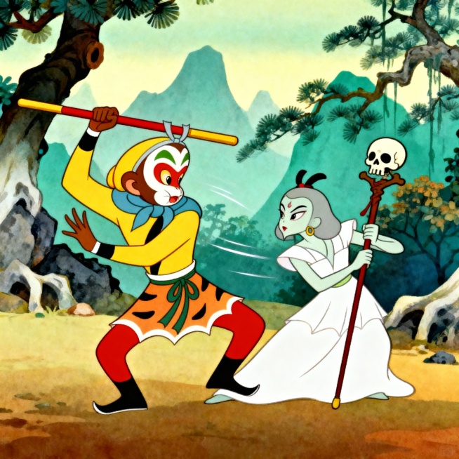 “中国风西游记‘三打白骨精’场景，孙悟空举金箍棒打向白骨精，背景为山林，色彩鲜明，卡通风格。”预览效果