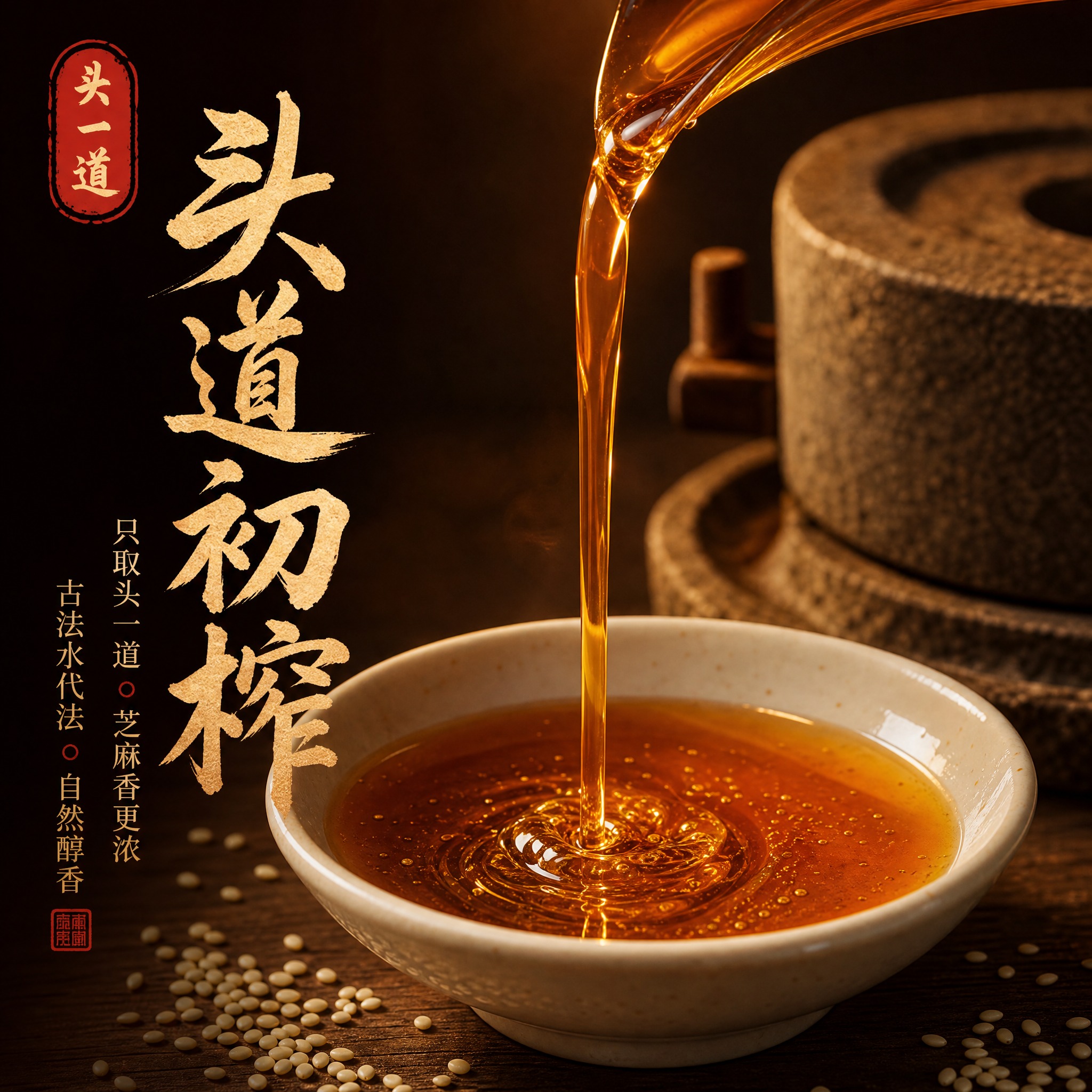 [主图-3] 工艺细节图，主题：头道初榨古法工艺，突出只取头道… - 图片创意预览