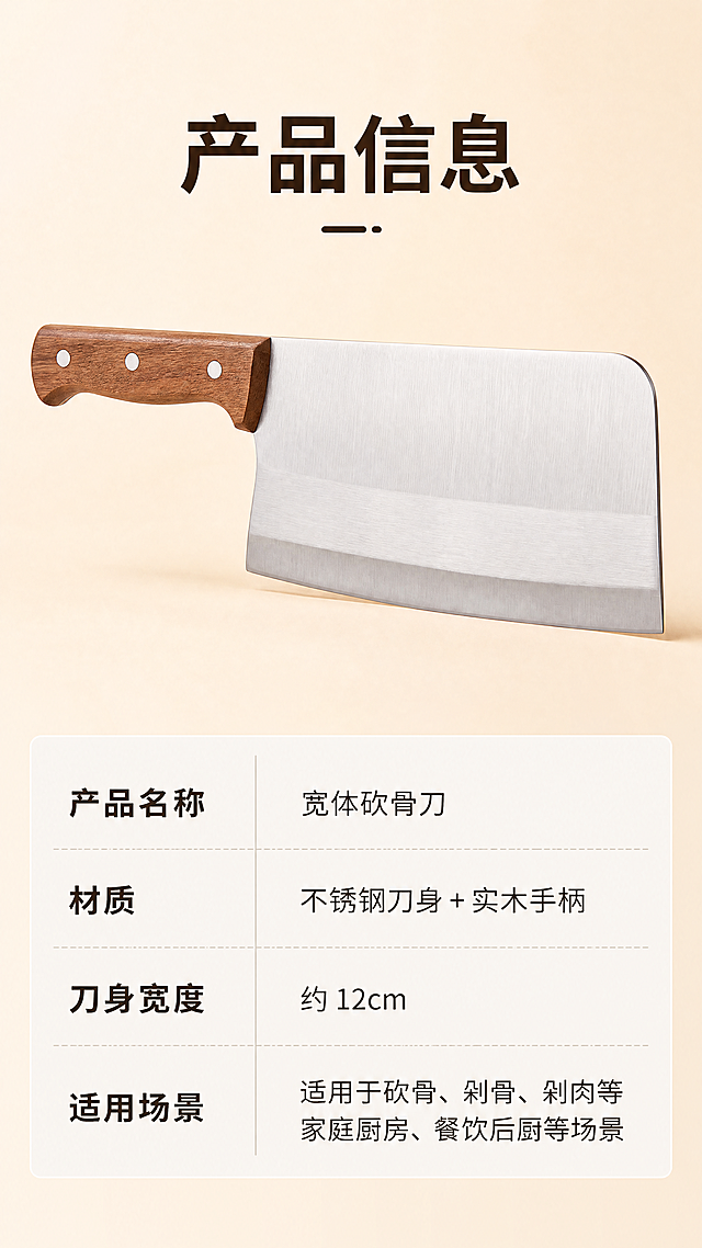 [第8屏] 产品规格参数页-xxx宽体砍骨刀产品信息收尾，使用【图1】展示产品全貌。
[氛围/风格] 简洁规范参数排版，清晰专业，方便用户查看完整信息。
[元素布局] 上半部分展示砍骨刀完整外观，保持结构材质颜色和原图一致，下半部分做参数表格展示关键信息，整体干净清爽。
[光影质感] 均匀柔和光线，产品清晰，表格文字清楚。
[配色色系] 全局底色浅米色，产品真实颜色，表格浅灰色底，文字深棕色。
[视角构图] 上图下表，上下结构，符合用户查看参数习惯。
[文字版式] 顶部主标题「产品信息」加粗居中，参数表格包含：产品名称、材质、刀身宽度、适用场景，文字清晰排列，行间距适中，可读性强。
[比例分辨率] 9:16竖版比例，4K分辨率，文字清晰可辨，超高清画质。
[负向提示词] 刀身变形，表格错乱，文字模糊，参数错误，水印。
