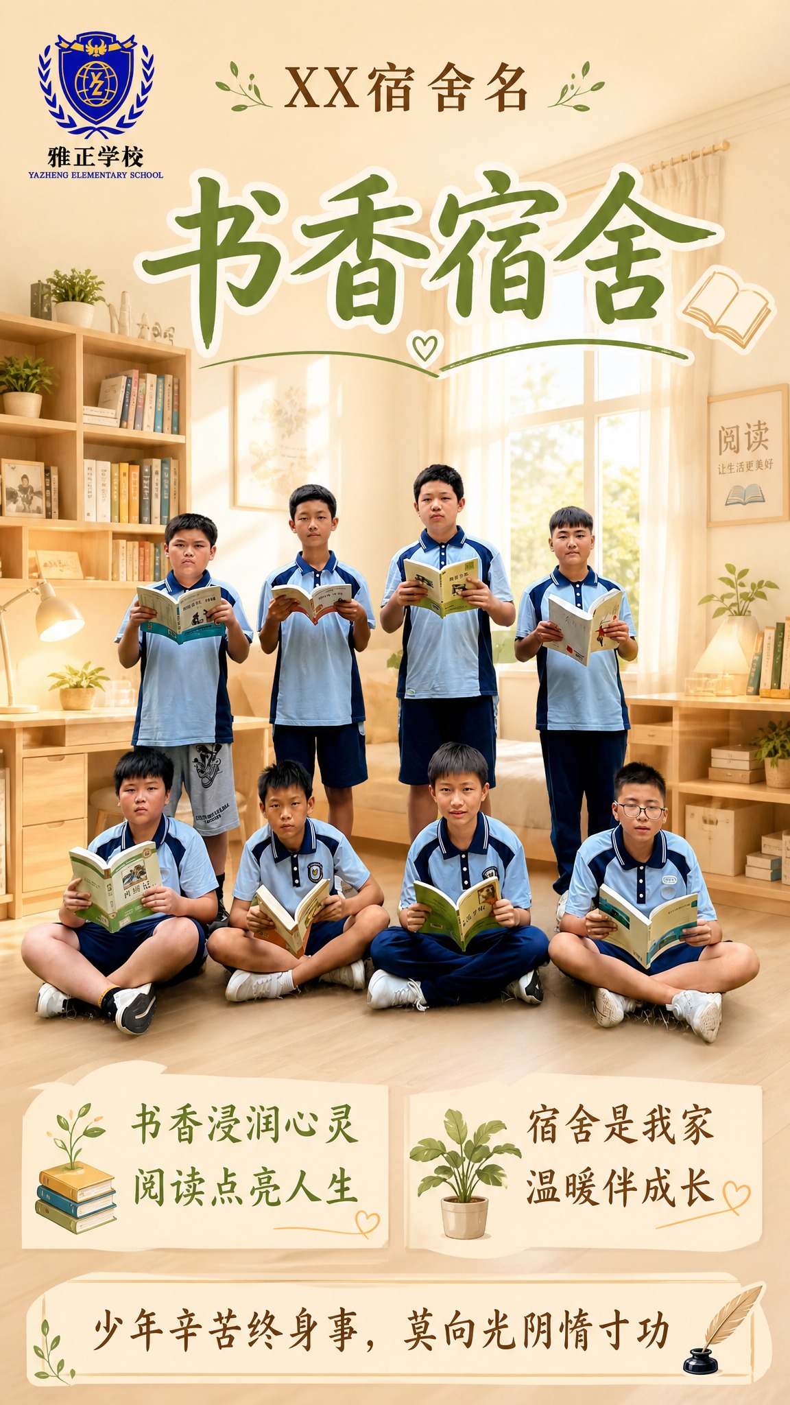 书香宿舍竖版海报，淡雅温馨色调，简洁大方，贴合初中生青春活力。… - 图片创意预览