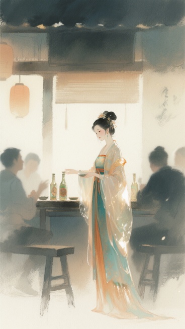 老板娘在酒馆招待客人，暖色调，画面朦胧，清新有美感，老板娘服饰华丽，湿画法淡彩风格预览效果