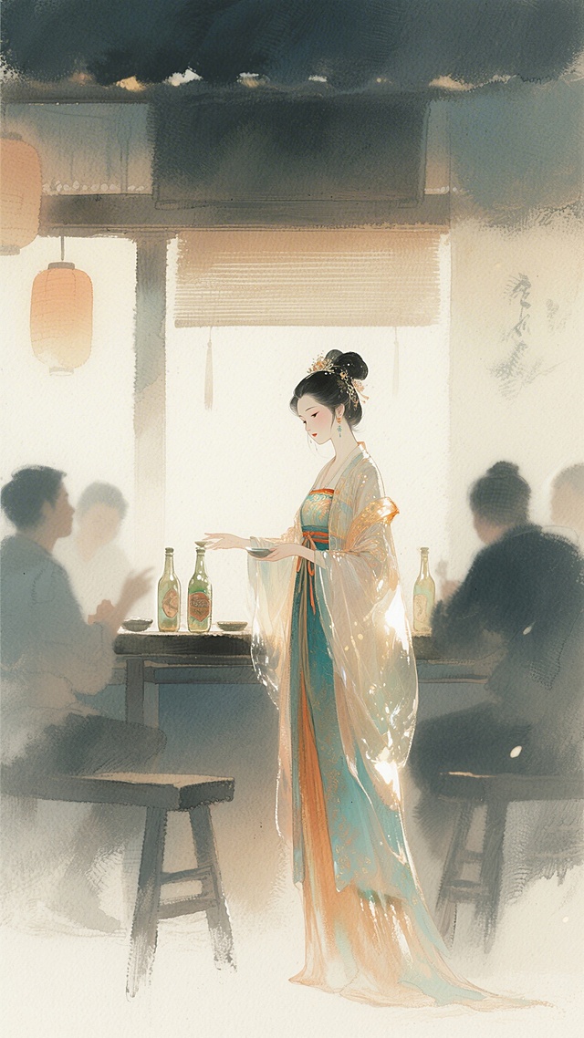 老板娘在酒馆招待客人，暖色调，画面朦胧，清新有美感，老板娘服饰华丽，湿画法淡彩风格