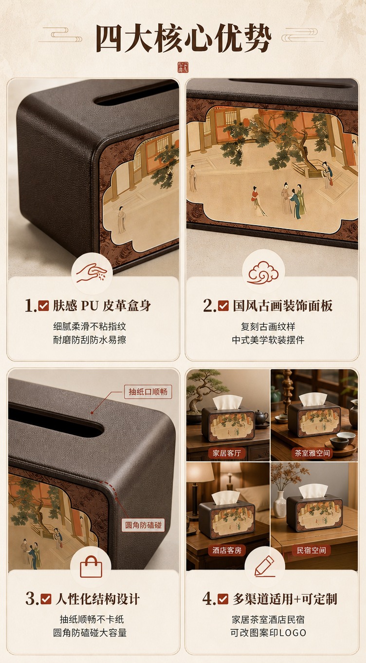 [商品] 使用【图1】深咖色长方形国风 PU 肤感皮革纸巾盒；… - 图片创意预览