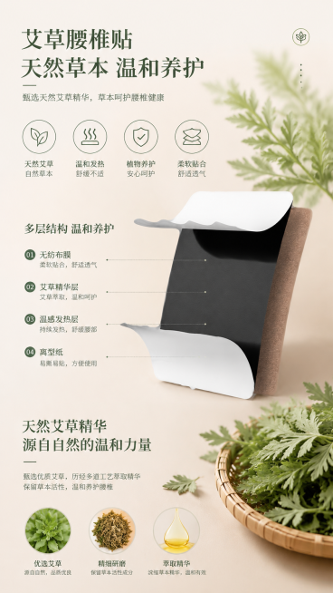 「图片1」「图片1」给这个艾草腰椎贴做详情页设计，突出缓解腰椎间盘突出、腰椎关节及软组织损伤引起的不适功效，6张图，保持产品的一致性，要有逻辑性，不要有割裂感 旁边是他的膏贴预览效果
