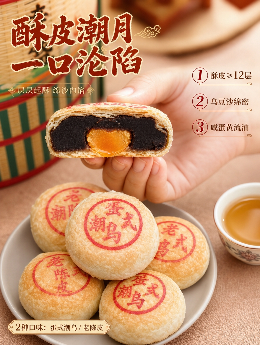 [详情-4] 潮式月饼特写页，展示酥皮与内馅质感。 [商品]… - 图片创意预览