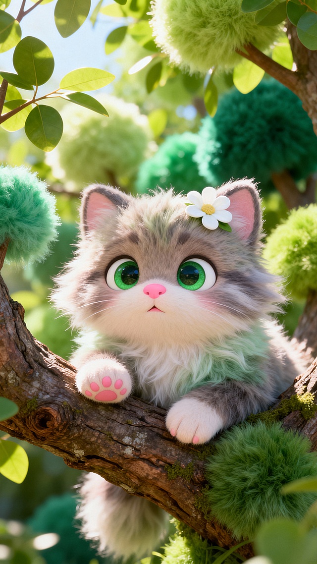 软3D风格的萌猫栖于梦幻树梢，毛发生长风与虚拟自然融合，清新柔和色调中透出可爱与梦幻感。