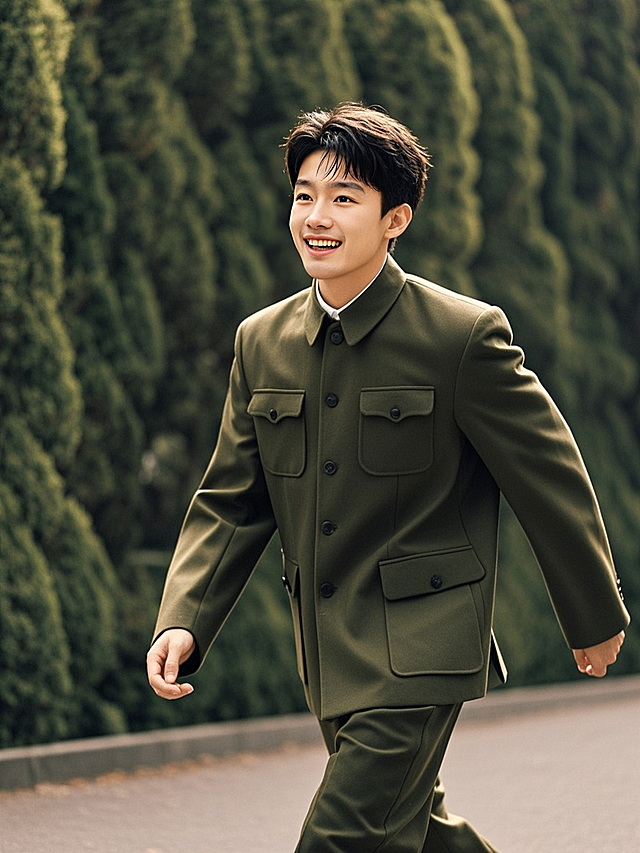 一个男生，70年代中山装装扮，朝气蓬勃正步走，半身照，暗绿色低饱和背景