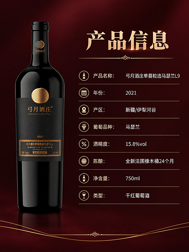 [商品] 使用【图1】弓月酒庄马瑟兰L9产品图；保留瓶身所有文字标识、黑色瓶身金色标签的原貌，确保产品参数信息准确。
[画面] 目标：产品参数规格页，信息清晰易读。构图：左图右表，左侧红酒瓶正面展示占画面约45%，右侧参数信息表格占55%。背景：深酒红色渐变底，底部有细微的金色装饰线条。整体简洁规整，信息层级清晰。
[视觉] 套系策略：风格=高端酒庄商业摄影风；标题字=经典衬线粗体；正文字=简洁现代无衬线体；主色=深酒红+炭黑；背景延展=深酒红渐变、暗调质感底；强调色=香槟金；标题色=香槟金；正文色=米白色；组件=金色细线表格、参数图标、分隔线；光影=正面柔光，瓶身清晰无过曝。
[文字] 右侧参数区：顶部主标题「产品信息」，下方表格形式横排展示：「产品名称：弓月酒庄单蔓粒选马瑟兰L9」「年份：2021」「产区：新疆/伊犁河谷」「葡萄品种：马瑟兰」「酒精度：15.8%vol」「陈酿：全新法国橡木桶24个月」「净含量：750ml」「类型：干红葡萄酒」。全部文字横排，字号保证手机端清晰可读。
[规格] 图片比例3:4竖版，4K分辨率，负向提示：避免变形、错字、文字过小、参数错误、瓶身文字模糊、表格杂乱。