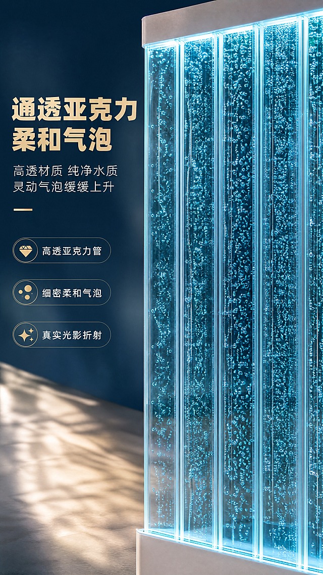 [商品] 使用【图1】亚克力气泡水幕墙隔断；保留透明亚克力管柱材质、内部蓝色细密气泡、白色边框结构；重点展示亚克力通透质感与气泡流动细节，不改变材质与颜色。
[画面] 核心卖点图，目标突出柔和气泡与通透材质。左文右图版式，左侧约1/3为文案区，右侧约2/3为产品特写。气泡水幕墙正视图特写，微距镜头。重点展示极致的通透亚克力材质和纯净的水质，细密柔和的气泡向上流动。背景虚化为极简的微水泥墙面，柔和的光线打在透明管上产生真实的折射。干净、清爽，体现产品质感。产品主体占画面约70%，居中偏右，前景为亚克力管柱与气泡细节，中景为水幕墙主体，背景为虚化的微水泥墙。8k，写实，商业摄影。
[视觉] 套系策略：风格=现代轻奢高级商业摄影；标题字=现代无衬线粗体（厚重醒目）；正文字=简洁无衬线体；主色=深海蓝（冷蓝气泡色）；背景延展=基于深海蓝做深浅层级、同色渐变与玻璃/金属质感延展；强调色=香槟金，仅用于小面积图标、引线、标签和局部金属光效；标题色=米白/浅金；正文色=浅暖灰；组件=圆角半透明信息卡、细线引线、金色点缀图标；光影=左前侧暖柔光+水幕墙冷蓝背光，冷暖对比，产品信息面清晰。
[文字] 左侧文案区：主标题「通透亚克力 柔和气泡」（8字），副标题「高透材质 纯净水质 灵动气泡缓缓上升」，下方3个卖点：「高透亚克力管」「细密柔和气泡」「真实光影折射」，文字横向排版，不遮挡亚克力管柱主体与气泡细节。
[规格] 图片比例9:16竖版，4K，负向提示：messy, cluttered, cartoon, unrealistic lighting, exaggerated neon, oversaturated, plastic, fantasy, low resolution, 变形, 错字, 文字过小, 材质失真, 气泡不自然。