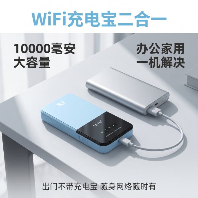 [主图-4] 二合一功能卖点主图
[氛围风格] 场景化功能展示，生活化科技感
[画质] 商业摄影质感，光线柔和通透，产品清晰真实，画面干净高级
[元素] 浅蓝色随身wifi产品放置在画面中心，保持原产预览效果