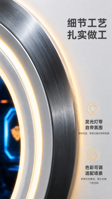 [第6屏] 细节结构展示，展示边框材质、灯带工艺与印刷细节微距。本屏使用【图3】作为主体参考，放大呈现产品边缘细节。[氛围/风格] 微距质感展示，高级工业科技风，突出材质和工艺细节，高清摄影锐化质感。预览效果