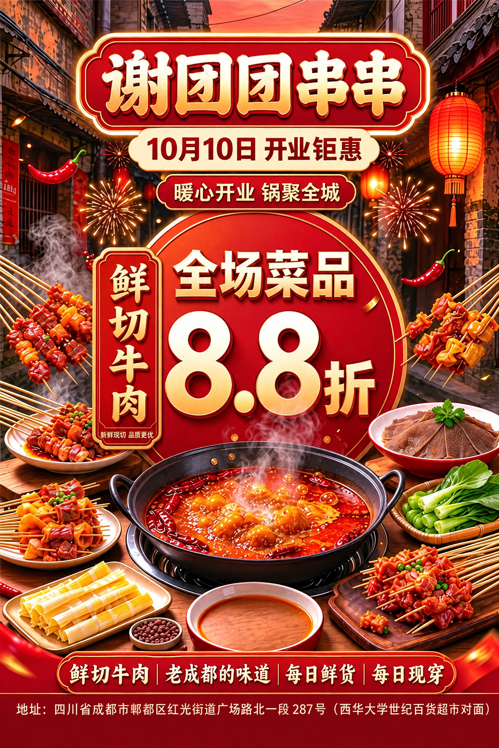 复刻这张串串店开业海报，保持所有元素、排版、文字、配色、构图完… - 图片创意预览