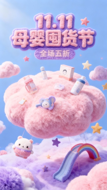 放大的物品悬浮或摆放在巨大的3D粉色毛绒云朵上，背景大字标题“11.11 母婴囤货节”毛绒艺术大字位于画面上方，毛绒小字标签“全场五折”位于标题下方，毛绒可爱元素装饰（星星、彩虹滑梯），轻微俯视镜头，预览效果