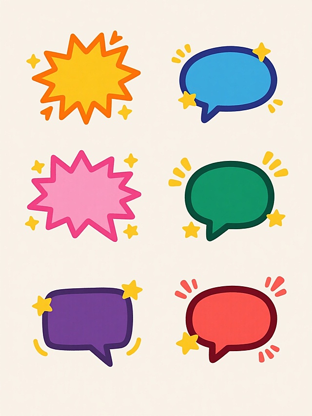 一系列六个规整排布的卡通风格爆炸对话框素材集合，每个对话框均保持相同的尖锐放射状轮廓、内部平滑填充、橙色描边细节、以及周围的黄色尖角和小星星装饰元素，整体采用纯色背景；第一个为黄色对话框配橙色描边与装饰元素，第二个为蓝色对话框配深蓝色描边与装饰元素，第三个为粉色对话框配玫红色描边与装饰元素，第四个为绿色对话框配深绿色描边与装饰元素，第五个为紫色对话框配深紫色描边与装饰元素，第六个为红色对话框配深红色描边与装饰元素，所有元素保持一致的卡通手绘质感和简洁明快的视觉风格，整体布局整齐有序。