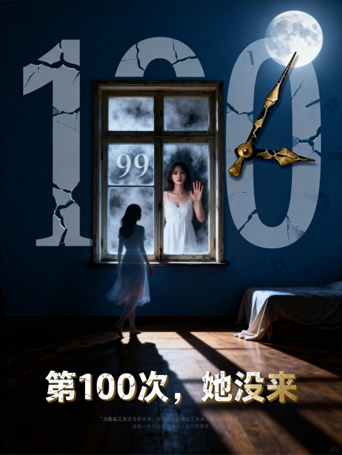 书籍封面《第100次，她没来》，画面中央是一扇老式窗户，玻璃上有雾气，雾气中隐约有数字"99"。窗内站着一个穿白色睡裙的女人，手按在玻璃上，脸半明半暗，表情复杂充满期待与不安；窗外站着另一个女人的半透预览效果