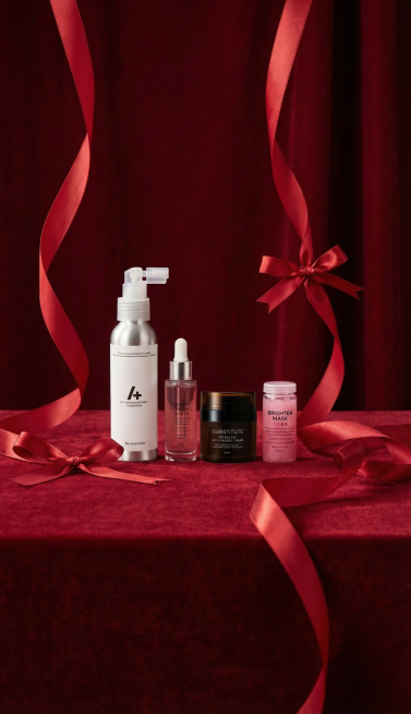 4款产品它们被置于红色背景前。从左至右分别是：一款塑料泵头的铝管保湿水；一款透明玻璃银色瓶盖并配有白色滴管的精华液；一棕色塑料瓶面霜。一款玻璃瓶身塑料盖子水光面膜，背景和台面有红色丝带装饰，整体呈现出预览效果