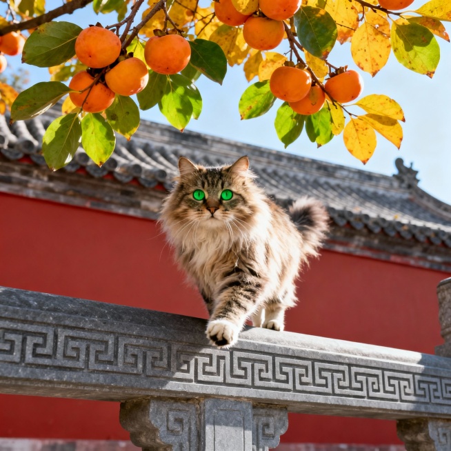 照片里的的长毛猫，不改变脸造型跟颜色，绿色的圆眼睛，正迈着一只前爪站在带有传统花纹的灰色石栏杆上，背景是中国古建筑的红色墙壁和灰色瓦片屋顶，头顶上方是挂满橙黄色柿子和翠绿黄叶的树枝，阳光明媚，光线充足预览效果