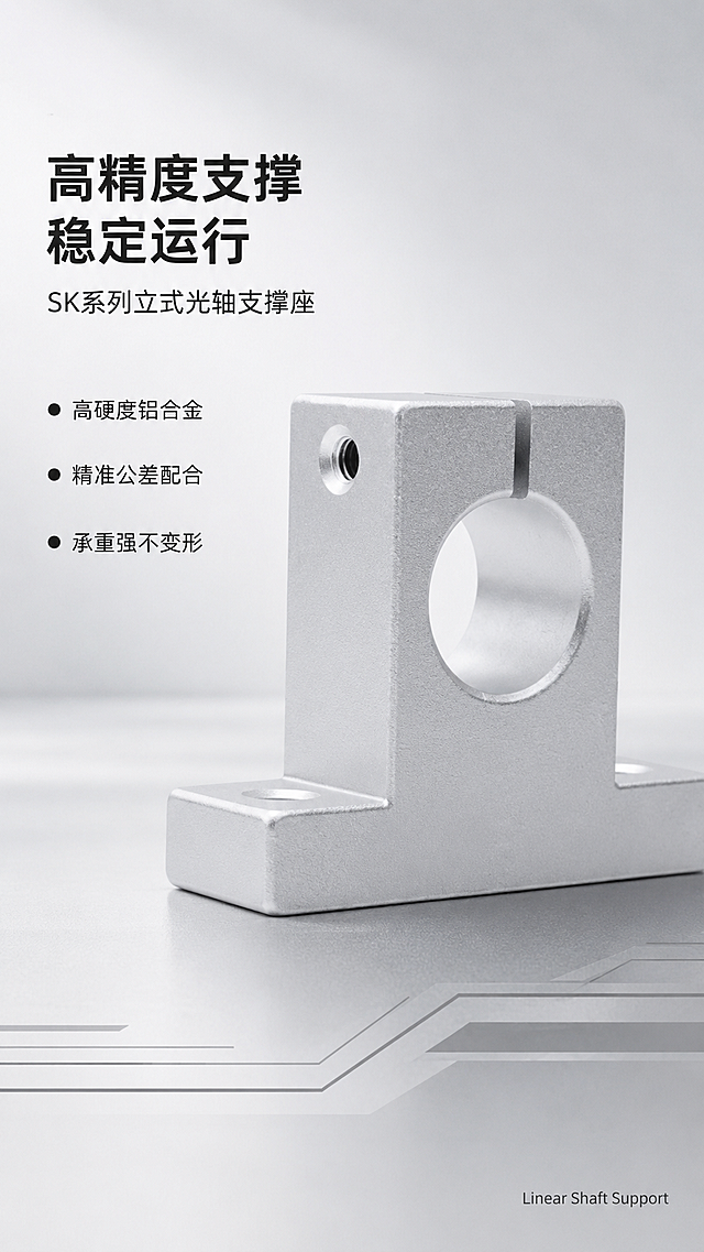 [第1屏] 详情页头图-SK系列立式光轴支撑座产品宣传海报。
[氛围/风格] 专业工业科技风，浅灰工业场景背景，简洁干净，商业摄影质感，画面专业稳重。
[元素布局] SK系列立式光轴支撑座放在画面右侧中上区域，占据画面65%主体。保持产品银灰色铝合金材质、T型立式结构、中心圆孔、侧边固定螺丝孔、开口槽的物理结构、材质质感、颜色与输入产品图一致。背景为浅灰渐变工业工作台面，左上角预留标题区域，底部加入浅灰几何装饰线条，整体无边框满铺。
[光影质感] 左上方柔和主光照亮产品金属表面，右下方形成自然投影，金属边缘保留清晰高光，整体干净通透，产品结构清晰真实。
[配色色系] 全局底色：#F5F5F5（浅灰）；主体配色：#E0E0E0（产品银灰）+ #4A4A4A（金属纹理）；辅助色：#191919（标题黑）。
[视角构图] 正面平视，产品位于右侧中上区域，左侧完整留给标题和卖点，整体构图平衡稳定。
[文字版式] 左侧从上到下排版：主标题 "高精度支撑 稳定运行" 黑色粗体字，字号为画面宽度8%，左对齐；副标题 "SK系列立式光轴支撑座" 黑色常规字，字号约主标题40%；下方排列3个竖排卖点：
1. 「高硬度铝合金」
2. 「精准公差配合」
3. 「承重强不变形」
每个卖点配黑色小圆点，字号约主标题30%。右下角加小字技术角标 "Linear Shaft Support"。文字不遮挡产品主体。
[比例分辨率] 9:16 竖版比例，2k 分辨率，文字清晰可辨，超高清。
[负向提示词] 产品变形，结构错误，颜色偏差，水印，文字错乱，产品图模糊，背景杂乱。