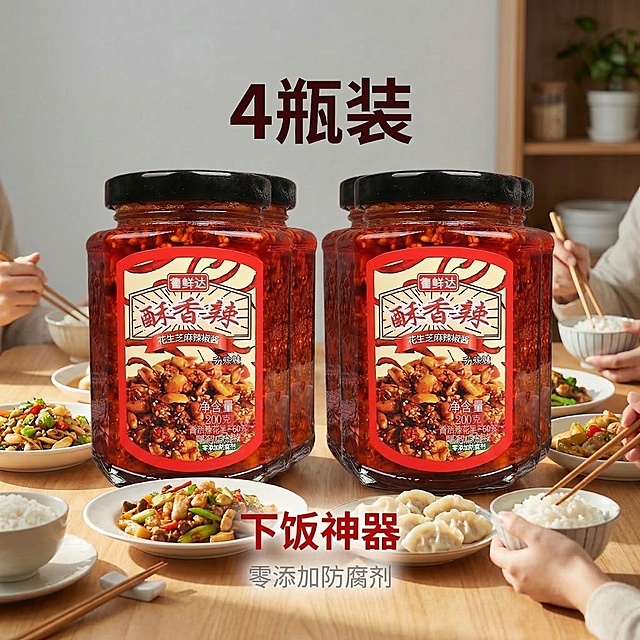 [垫图] https://dify-grsai.dancf.com/images/12f63aeb1f2044f3ab3f3e0295e8dba4.png
[主图主题] 酥香辣花生芝麻辣椒酱 4瓶装SKU主图
[氛围/风格] 温馨朋友分享聚会场景，暖调自然光，真实生活质感，食欲感满满
[画面元素] 四瓶辣椒酱分成两排整齐排列在浅原木色餐桌中央，周围摆放着几道家常美食和餐盘碗筷，呈现多位朋友聚餐分享美食的热闹氛围；产品保持原有外观完全不变，背景是简约温馨的浅灰色墙面，背景虚化营造自然氛围，背景铺满全屏无边框，光影柔和自然，清晰展示每瓶酱料的完整包装
[文字版式] 保留原图片文字：顶部大号加粗深色字体 "4瓶装"，底部居中加粗红色大字 "下饭神器"，下方浅灰色小字 "零添加防腐剂"；整体排版和位置保持不变，文案不遮挡产品主体