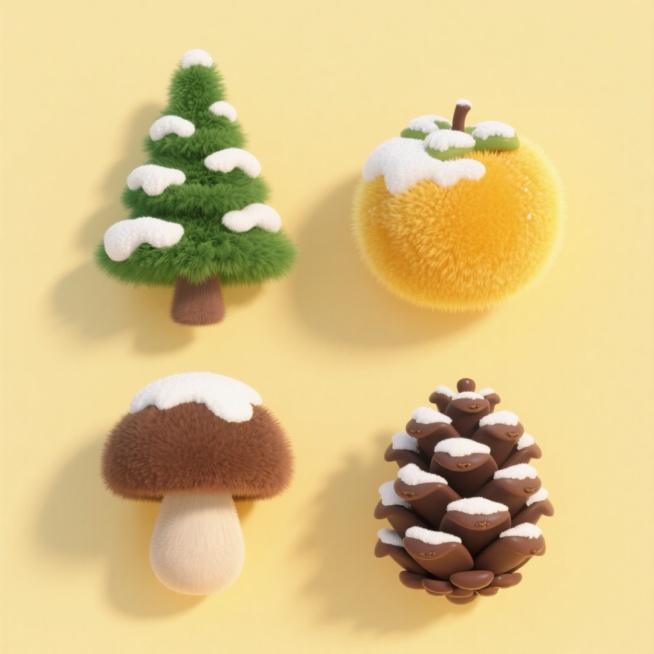 4个冬季植物元素，分别是冷杉、柿饼、松茸、松果上面有雪，上下两行对齐排列，浅黄色纯色背景。预览效果