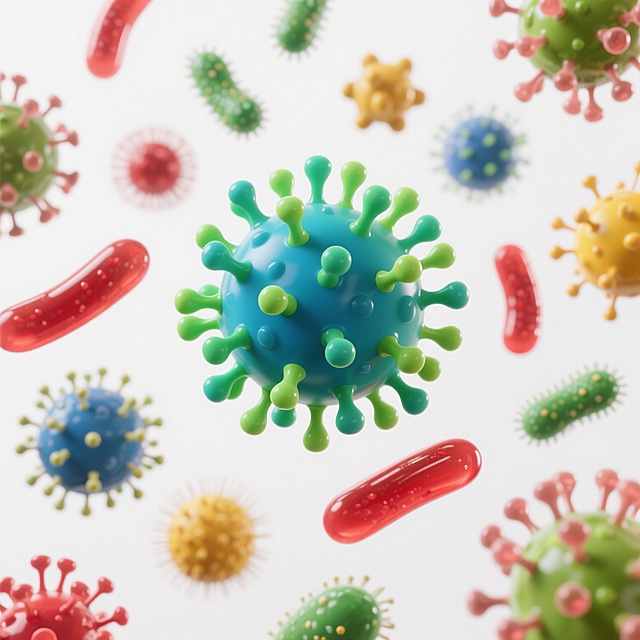 3D渲染风格的微生物集合，多种形态的病毒和细菌在纯白色背景上悬浮，主要病毒呈球形，带有绿色、蓝色、黄色、红色等鲜艳色彩，表面有突出的刺突结构，细菌为长条形，呈现红色和绿色，整体具有光滑的半透明质感和清晰的高光阴影效果，光影柔和，立体感强，各微生物大小不一、分布错落有致，色彩明快且对比鲜明，营造出科学、微观、生动的视觉效果。
