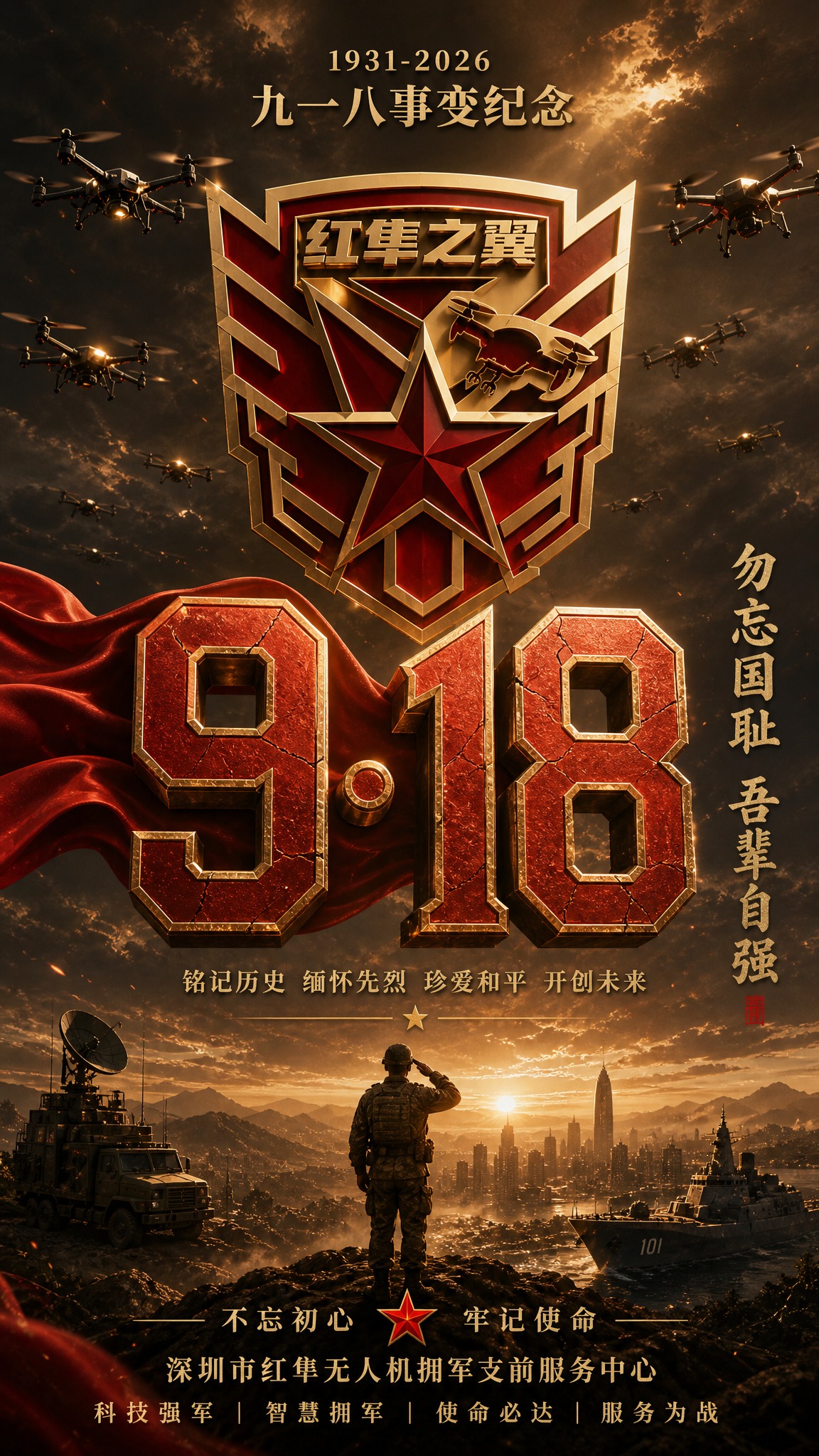 参考图1和图2的版式骨架与厚重史诗氛围，制作一张918纪念主题… - 图片创意预览