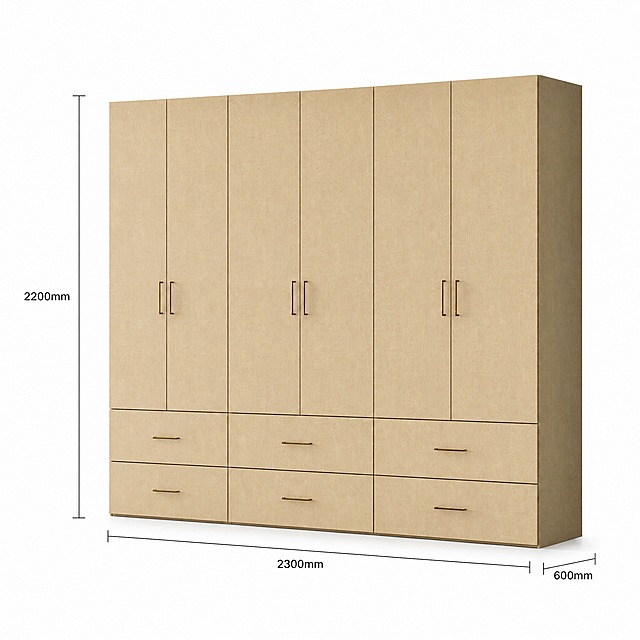 将图中总宽度标注的2100mm改为2300mm，柜体宽度按比例相应加宽，保持六门结构、抽屉数量、把手位置、总高度2200mm、总深度600mm不变，其余材质、木纹、标注样式、白底背景、阴影、透视角度均保持不变，标注文字为黑色标准字体，工整清晰