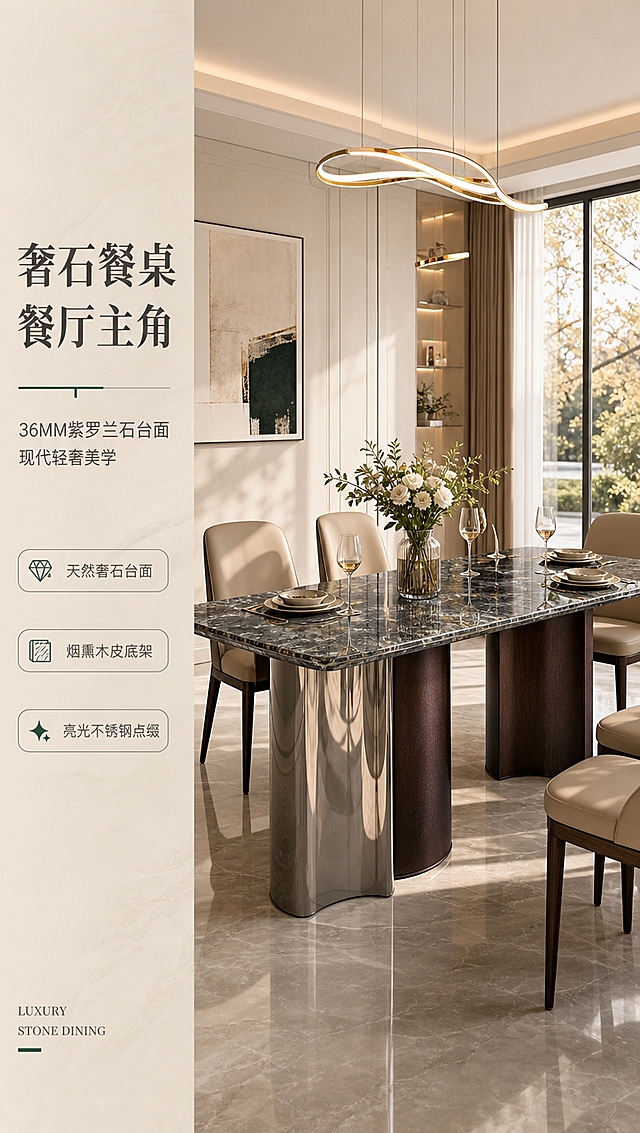 [商品] 使用【图1】DT-6630餐桌；保留长方形台面、双柱式底架、左侧镜面亮光不锈钢柱+右侧烟熏木色柱的结构、紫罗兰石深绿纹理台面、整体比例与造型；商品处理：增强台面石材纹理质感、金属柱镜面反光与木皮纹理清晰度，不改变结构和颜色。
[画面] 目标：轻奢餐厅整屋场景头图，建立大气高级第一印象。左文右景版式，左侧约1/3竖列文案区，右侧约2/3为现代轻奢餐厅大场景；餐桌位于画面中右侧，占画面约55%，45°侧视角度；前景精致餐具与花艺，中景餐桌+餐椅，后景为浅色墙面、艺术挂画、暖光吊灯与落地窗；午后暖调自然光，明亮通透。
[视觉] 套系策略：风格=现代轻奢高级商业摄影；标题字=现代简约粗衬线体；正文字=简洁无衬线体；主色=暖米白；背景延展=基于暖米白做深浅层级、同色渐变与细腻墙面/石材质感；强调色=深祖母绿，仅用于小面积图标、引线和标签；标题色=深炭灰；正文色=中暖灰；组件=细线信息卡、金属质感引线、圆角胶囊标签；光影=左前侧暖柔光+顶部吊灯补光。
[文字] 左侧竖列：主标题「奢石餐桌 餐厅主角」，副标题「36MM紫罗兰石台面 现代轻奢美学」，3条亮点胶囊：「天然奢石台面」「烟熏木皮底架」「亮光不锈钢点缀」，底部英文角标「LUXURY STONE DINING」。文字不遮挡餐桌主体。
[规格] 图片比例9:16竖版，4K分辨率，避免变形、错字、文字过小、冷蓝背景、结构失真、台面颜色改变。