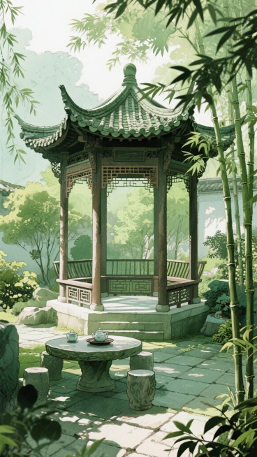 古风，绿色，庭院亭子，不要人，二次元，细节丰富，生成4张预览效果