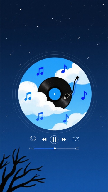 一幅插画风格的音乐主题海报，深蓝色夜空背景，中央是一个圆形区域，内部是蓝天白云景象，云朵蓬松洁白，点缀着几个蓝色音符图标，圆形中央有一个黑色的唱片机唱片图案，圆形边缘有简约的音乐播放控制界面元素（暂停键、前进后退键、进度条），画面左下角有黑色剪影风格的树枝，整体氛围宁静而富有艺术感，无任何文字内容。预览效果