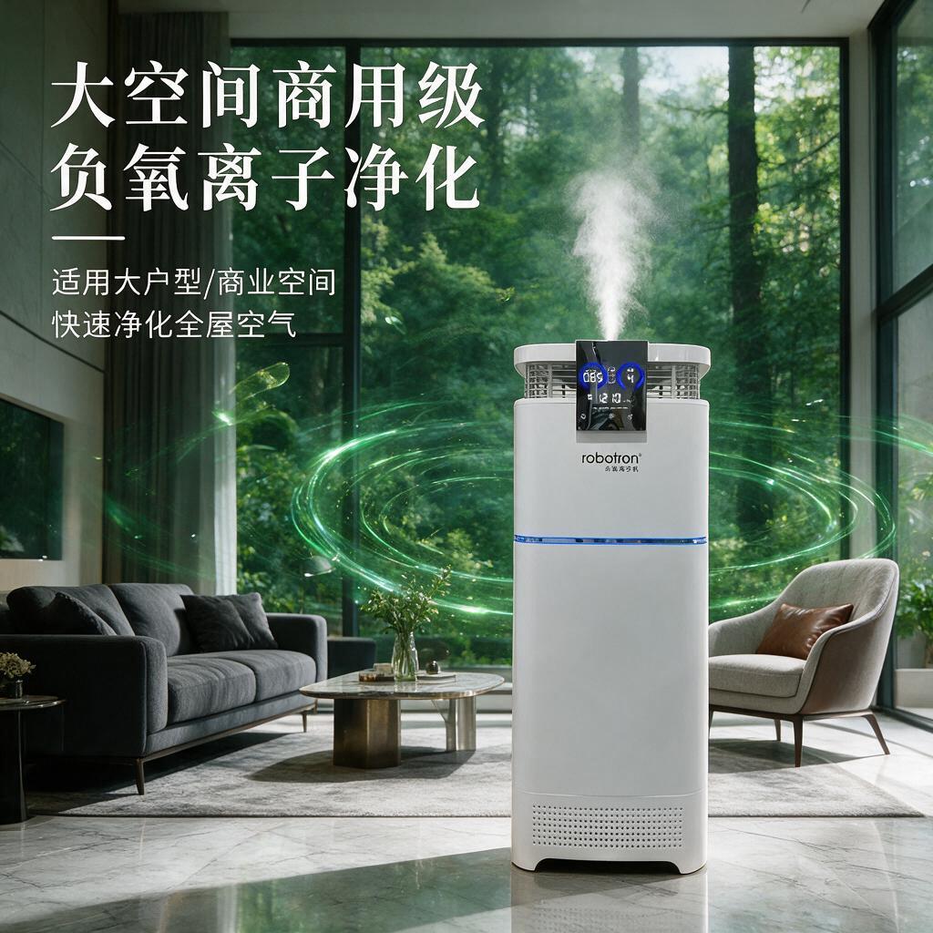 商业级立式负氧离子空气净化器主图，产品为robotron品牌白… - 图片创意预览